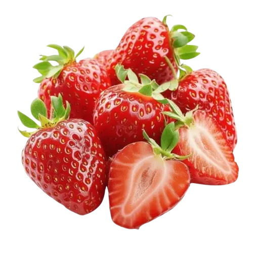 lose-up of fresh, ripe Egyptian strawberries, whole and sliced, ready for export.