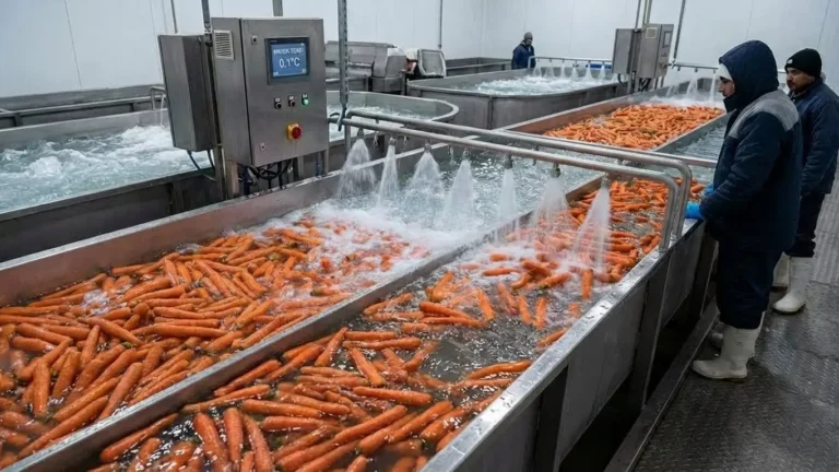 Industrial hydro-cooling system washing Egyptian carrots at 0.1°C. Digital display shows precise water temperature control at GEO Exporting facility.