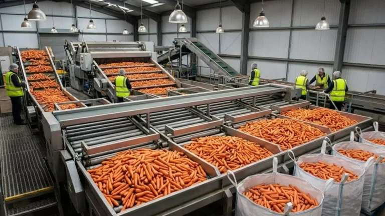 Industrial processing line: Workers sorting Egyptian carrots on conveyor belts filling 1200kg jumbo bags at GEO Exporting facility.
