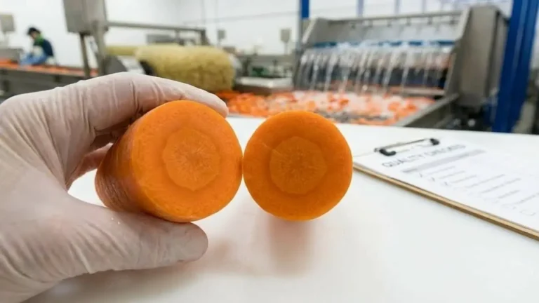 Quality control inspector holding a cut cross-section of an Egyptian carrot to verify bright orange core color. Background shows hydro-cooling line and QC checklist.