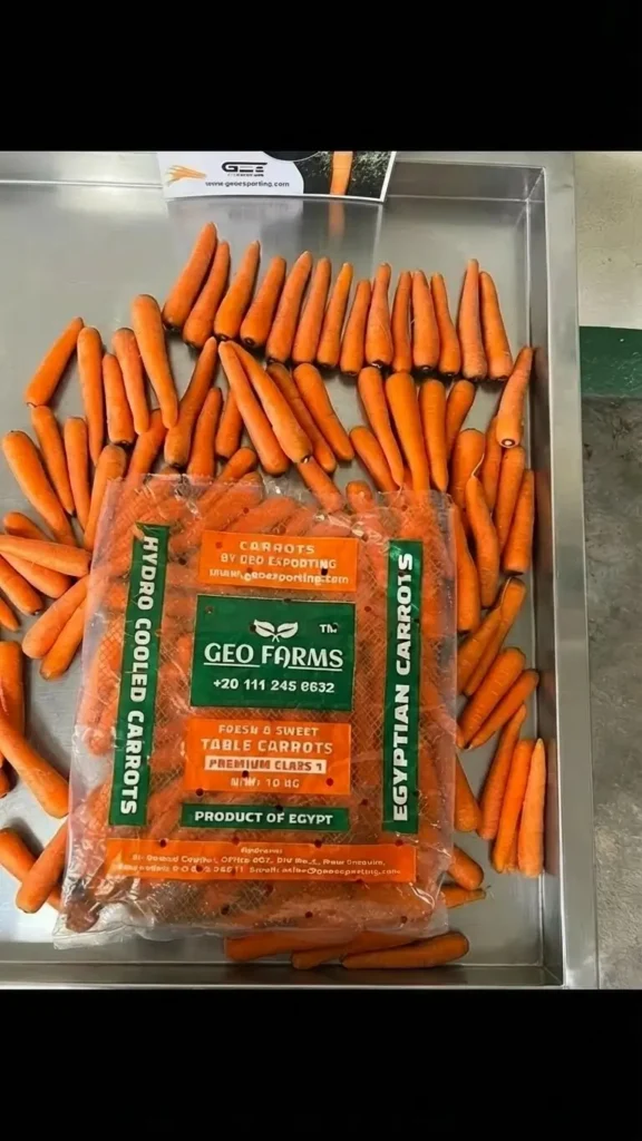 GEO Farms branded 10kg mesh bag of fresh and sweet Egyptian table carrots. Label reads 'Premium Class 1' and 'Hydro Cooled Carrots'.