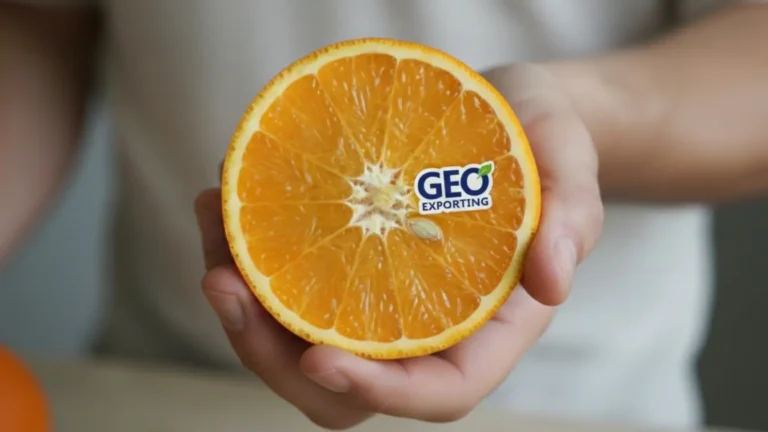 A panoramic view of a sunny citrus grove with receding rows of orange trees, featuring an open CITROVA branded export box filled with fruit and a blue GEO EXPORTING cap on the ground.