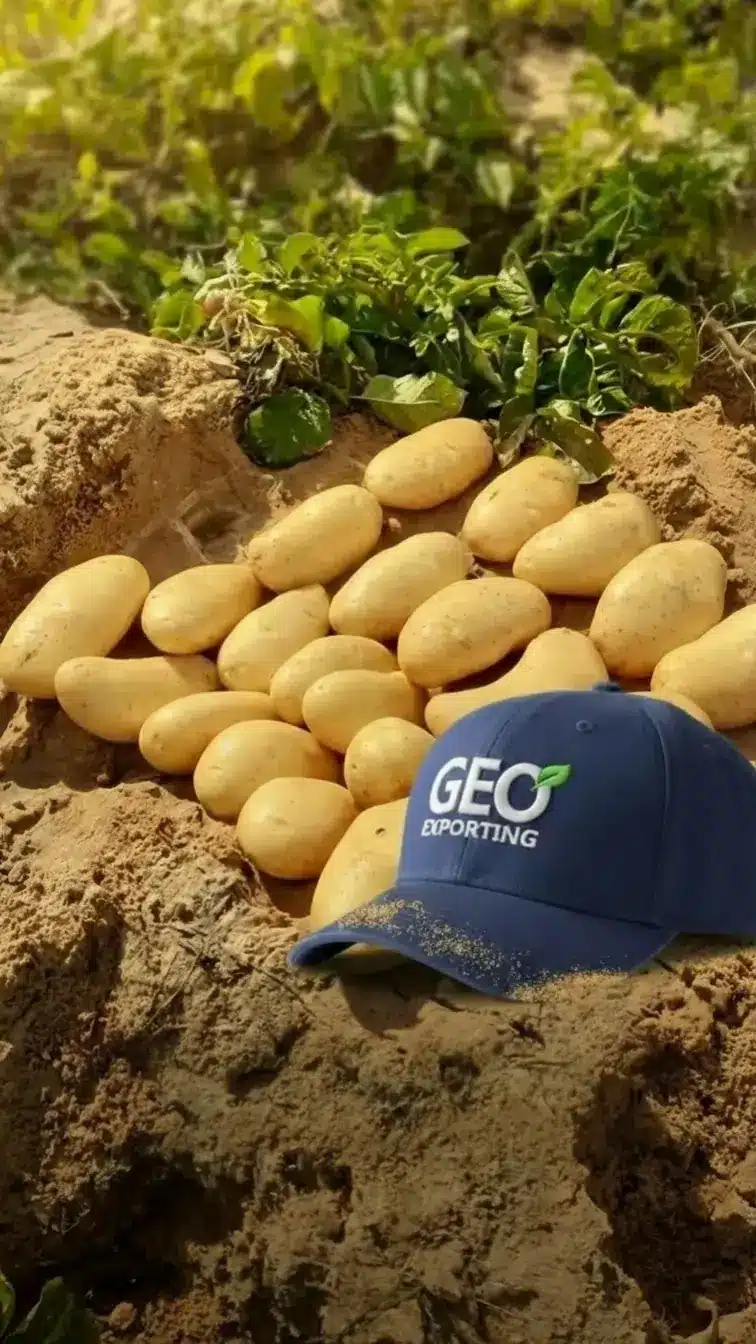 A group of smooth, light-yellow Egyptian potatoes on sandy soil next to a navy blue GEO Exporting branded cap.