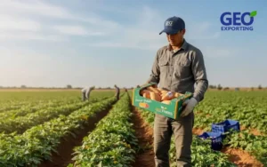 A farmer harvesting fresh Egyptian sweet potatoes in a field in the Nile Delta, holding a 6kg carton of the orange-fleshed variety labeled 'M' for medium size.